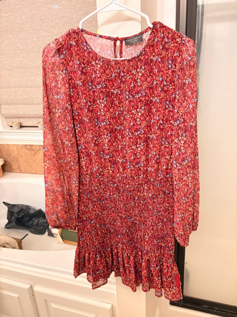Dress Forum Red Floral Long-Sleeve Smocked Dress